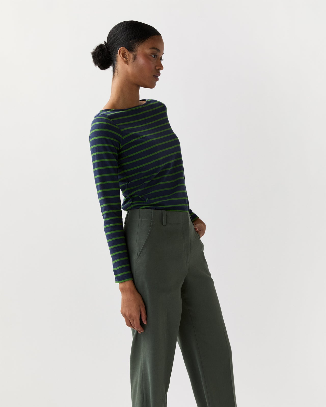 Long-Sleeved Boatneck Tee in Navy/Green Stripe Jersey