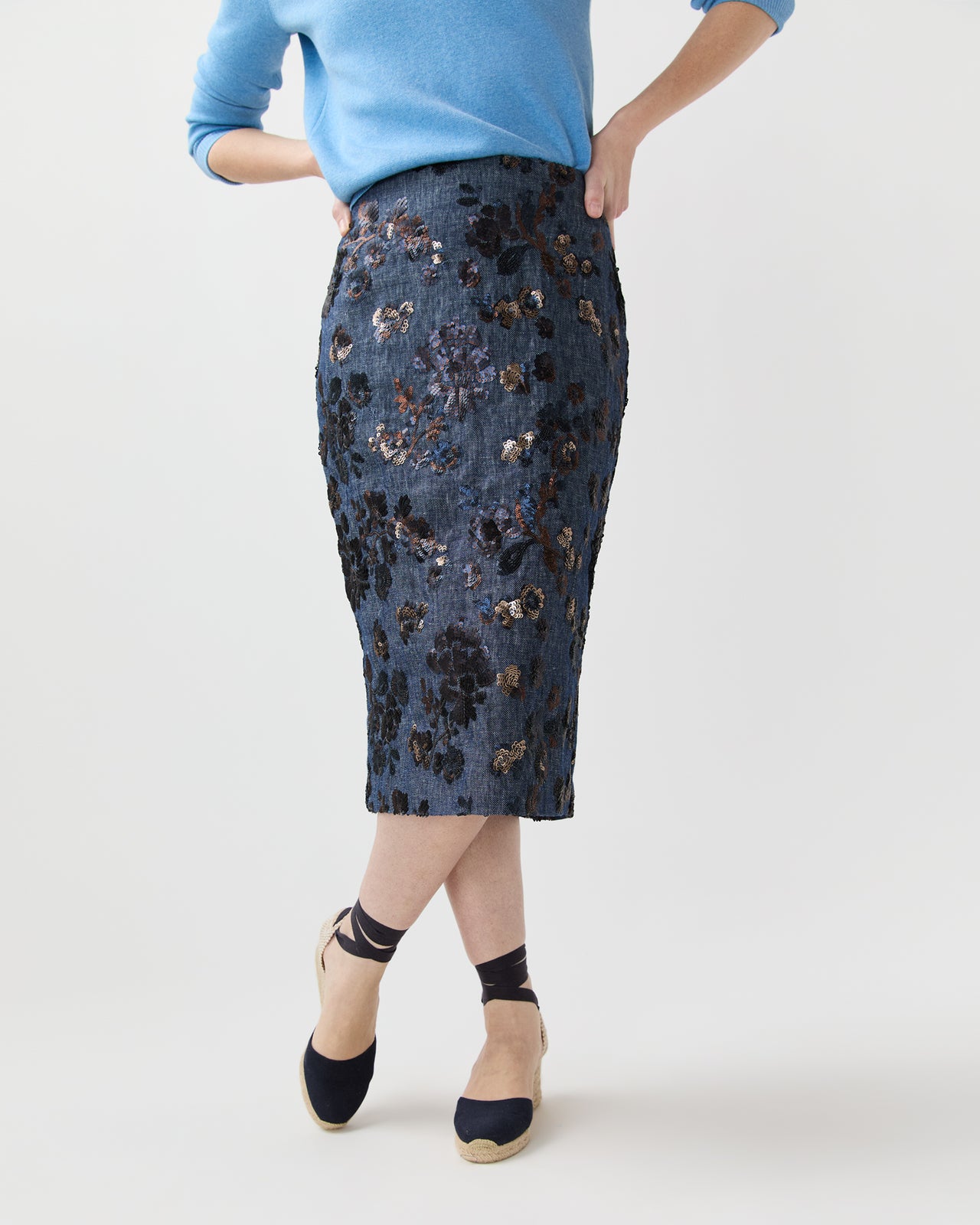 Aurora Skirt in Indigo Floral Sequin Embroidered Twill