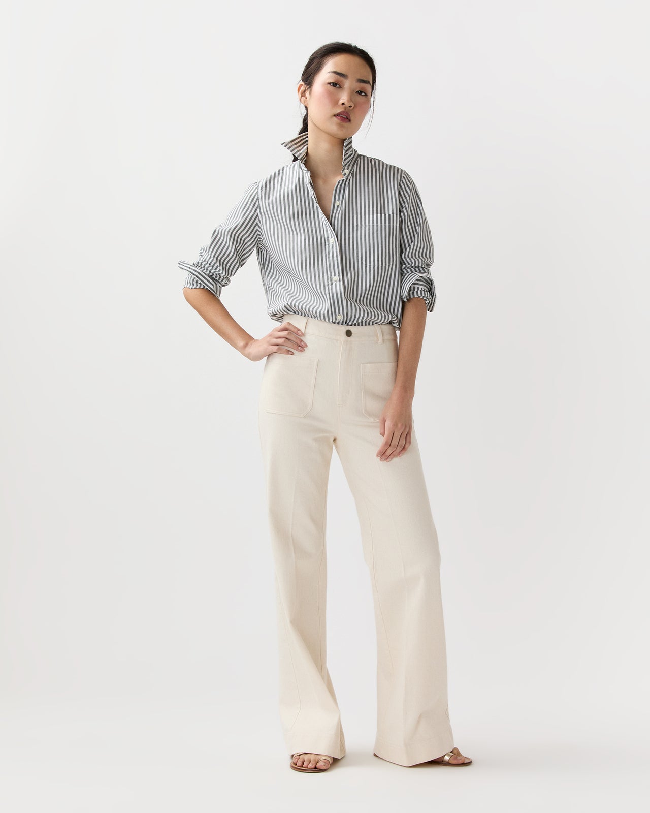 Sidney Shirt in Olive/White Stripe Chambray