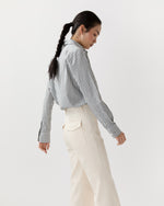 Load image into Gallery viewer, Sidney Shirt in Olive/White Stripe Chambray
