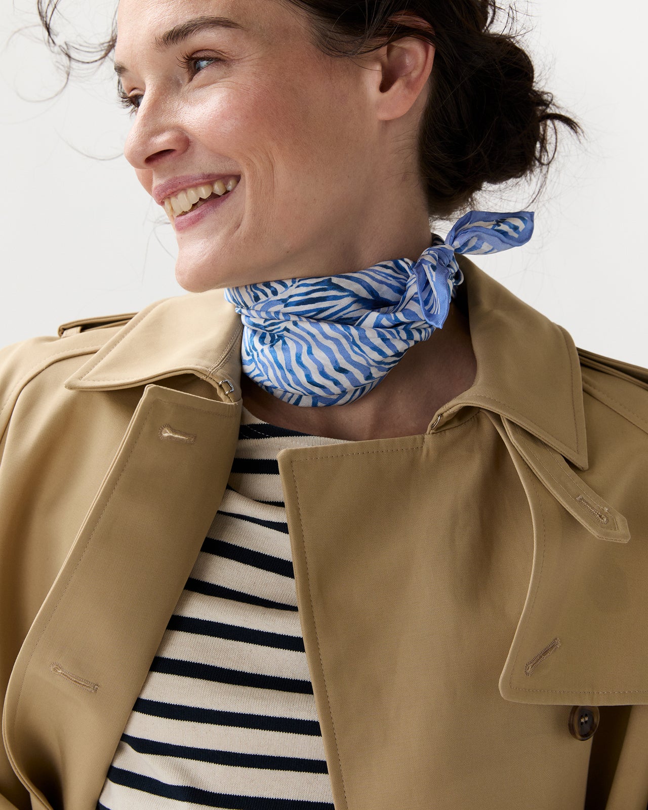 Medium Hand-Rolled Silk Scarf in Blue Stripe & Bow Liberty Fabric Silk Twill