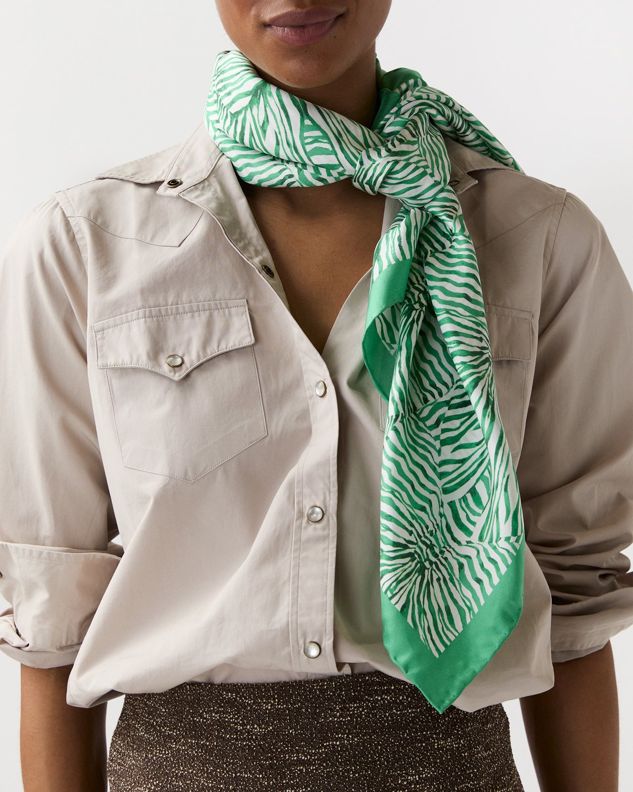 Large Hand-Rolled Scarf in Green Stripe & Bow Liberty Fabric Silk Twill