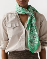 Load image into Gallery viewer, Large Hand-Rolled Scarf in Green Stripe &amp; Bow Liberty Fabric Silk Twill

