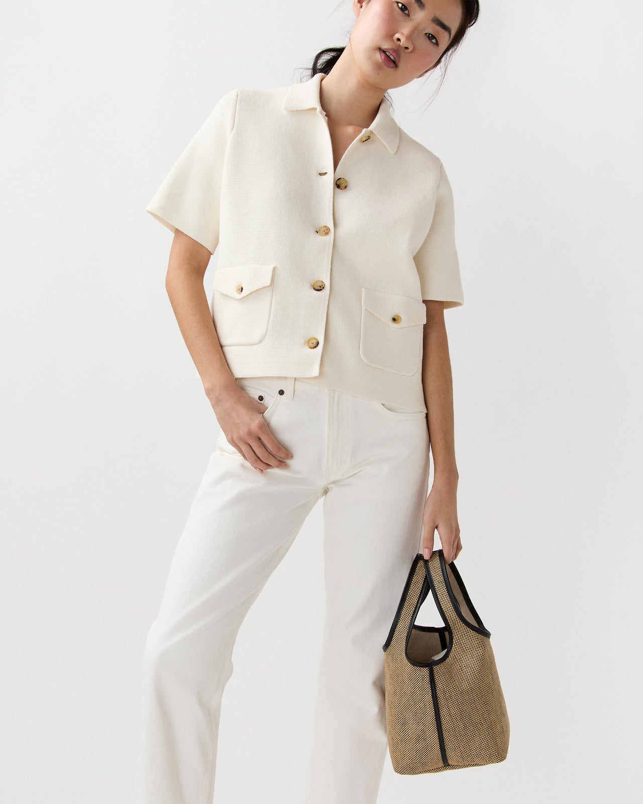 Paola Bucket Bag in Tan/Black Basketweave