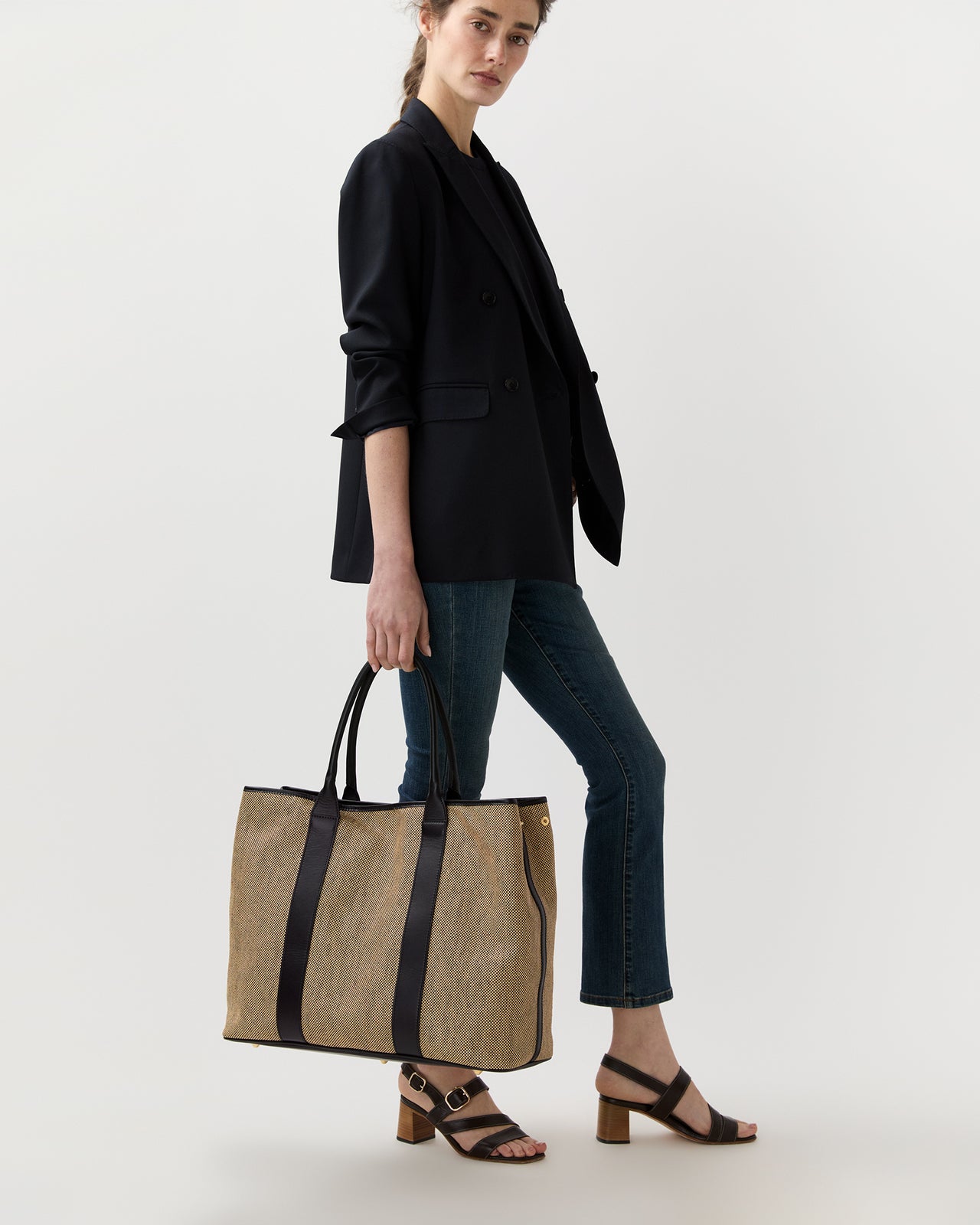 Weekend Tote in Tan/Black Basketweave