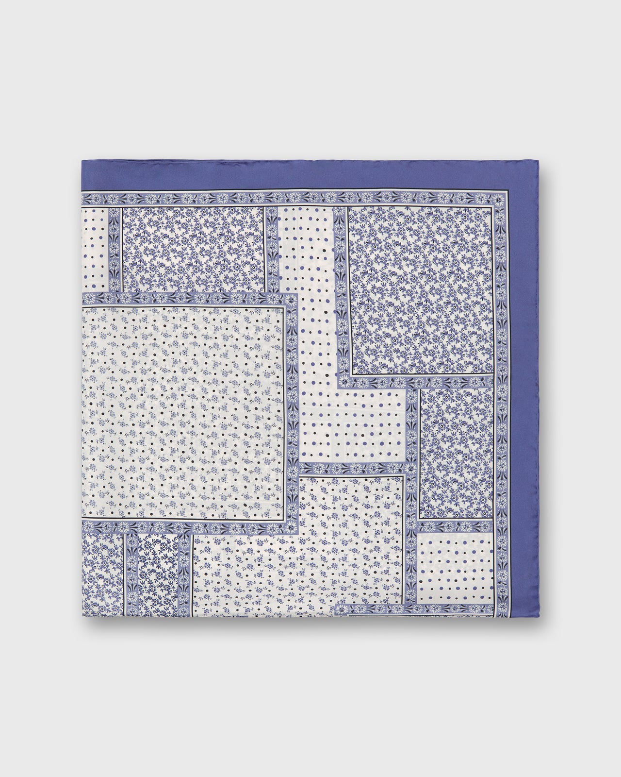 Large Hand-Rolled Scarf in Blue Patchwork Bandana Silk Twill