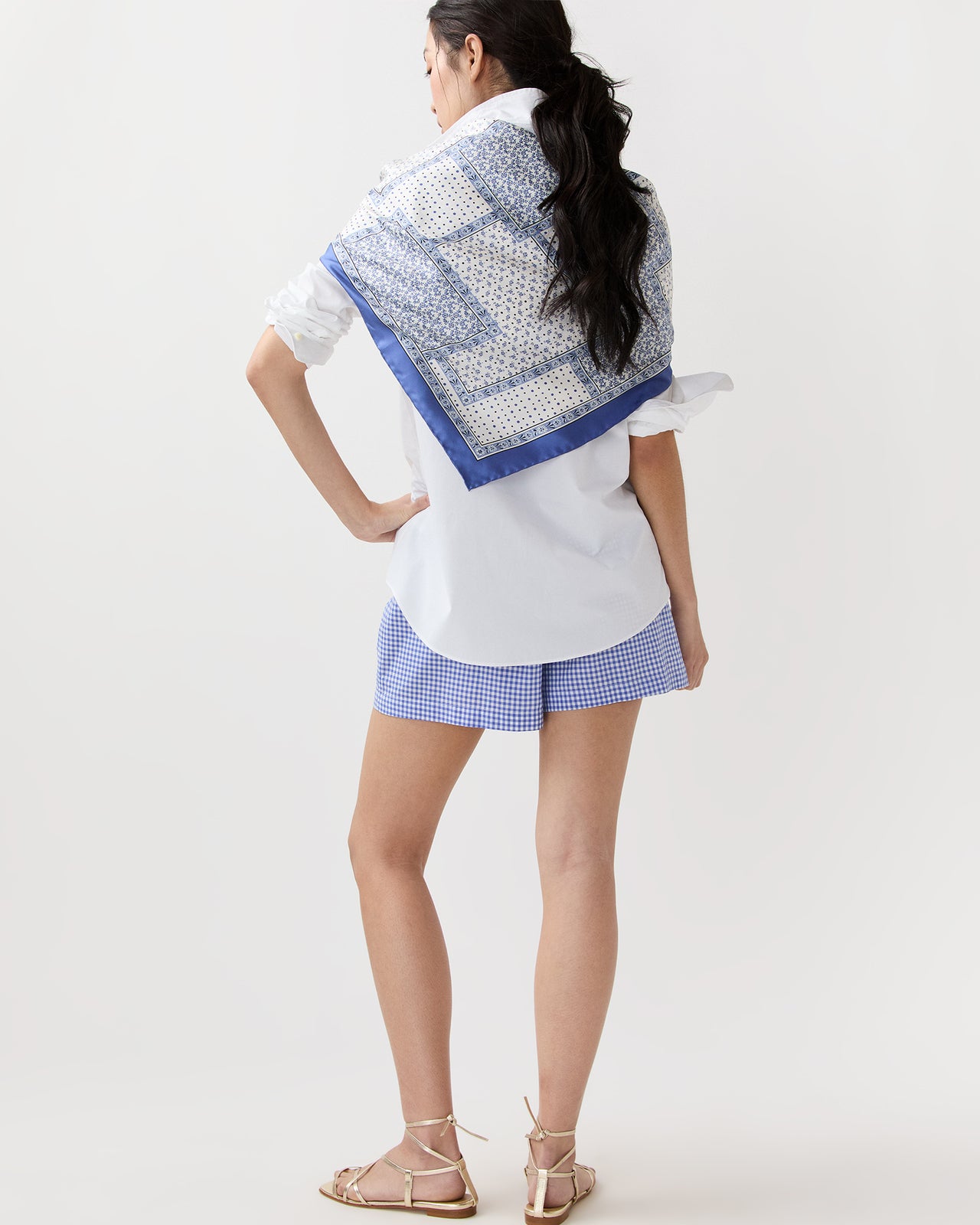 Large Hand-Rolled Scarf in Blue Patchwork Bandana Silk Twill
