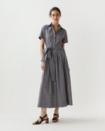 Load image into Gallery viewer, Short-Sleeved Classic Shirtwaist Maxi Dress in Navy/Red Embroidered Gingham
