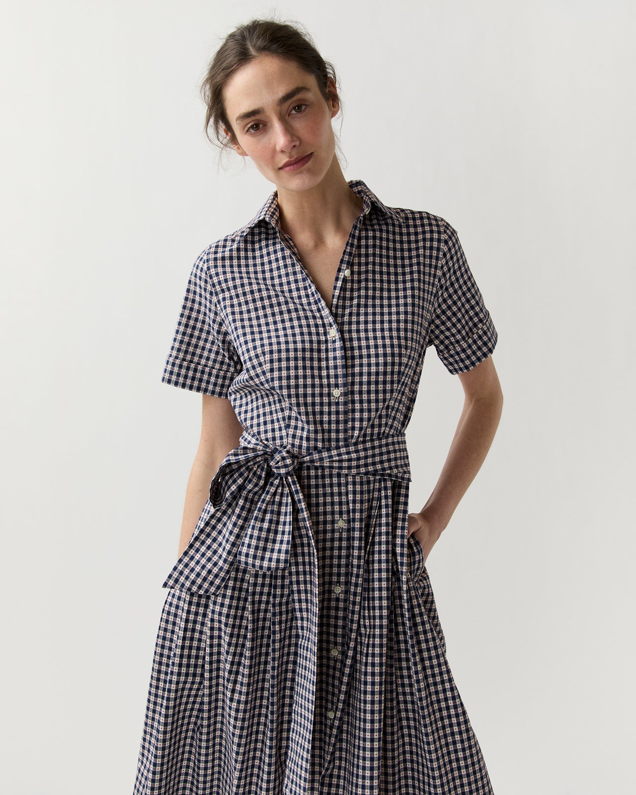 Short-Sleeved Classic Shirtwaist Maxi Dress in Navy/Red Embroidered Gingham