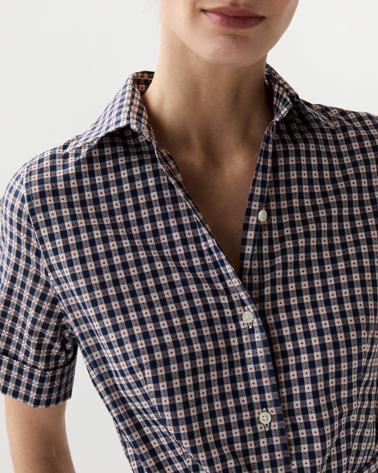 Short-Sleeved Classic Shirtwaist Maxi Dress in Navy/Red Embroidered Gingham