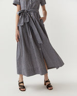 Load image into Gallery viewer, Short-Sleeved Classic Shirtwaist Maxi Dress in Navy/Red Embroidered Gingham
