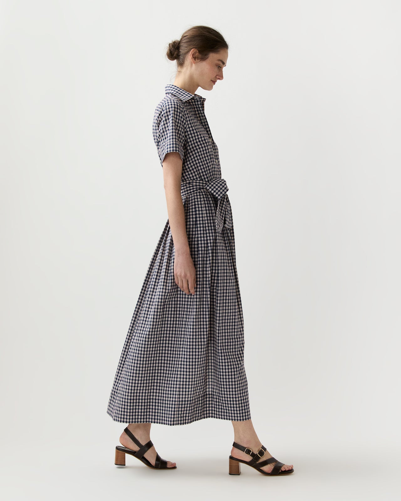 Short-Sleeved Classic Shirtwaist Maxi Dress in Navy/Red Embroidered Gingham
