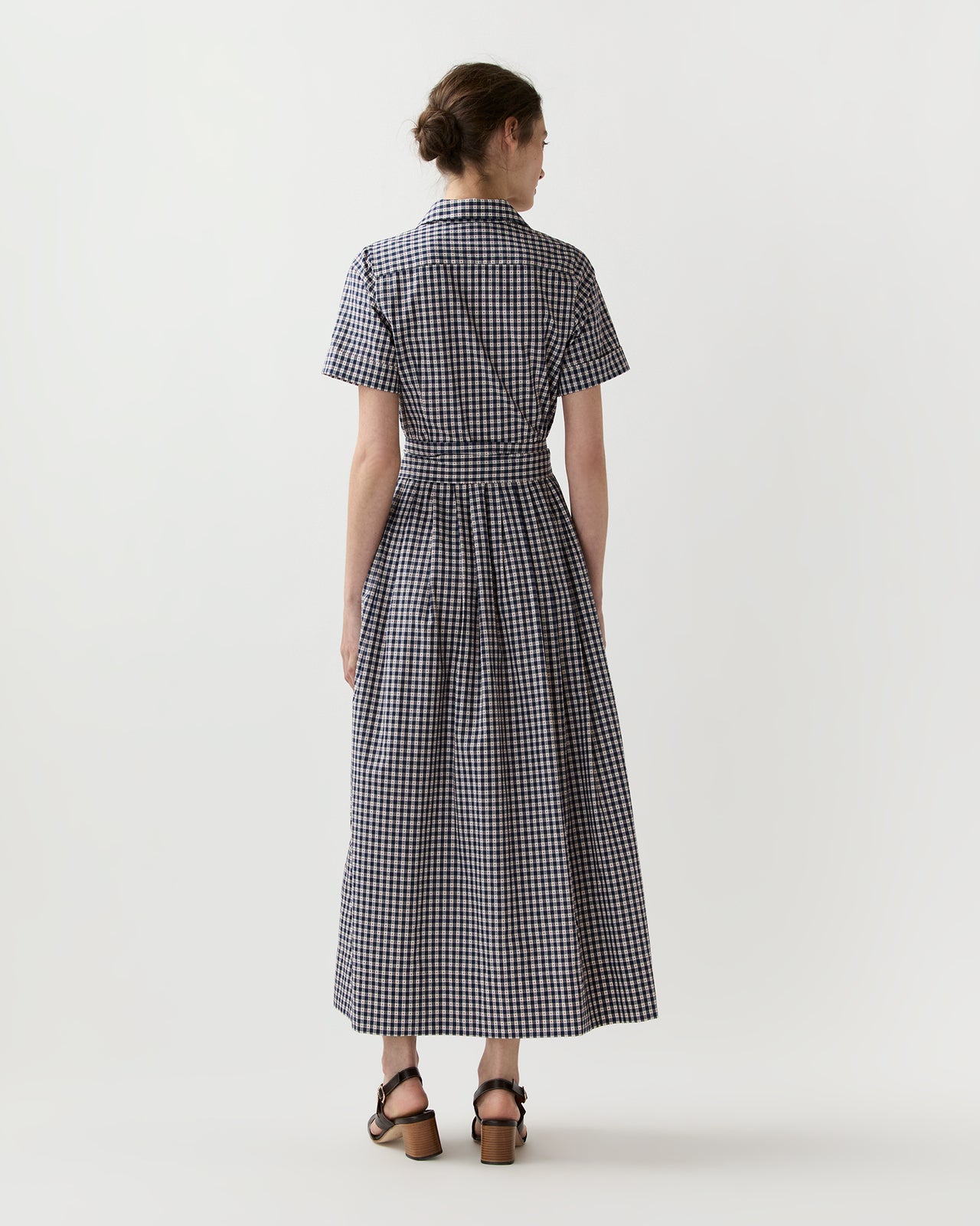 Short-Sleeved Classic Shirtwaist Maxi Dress in Navy/Red Embroidered Gingham