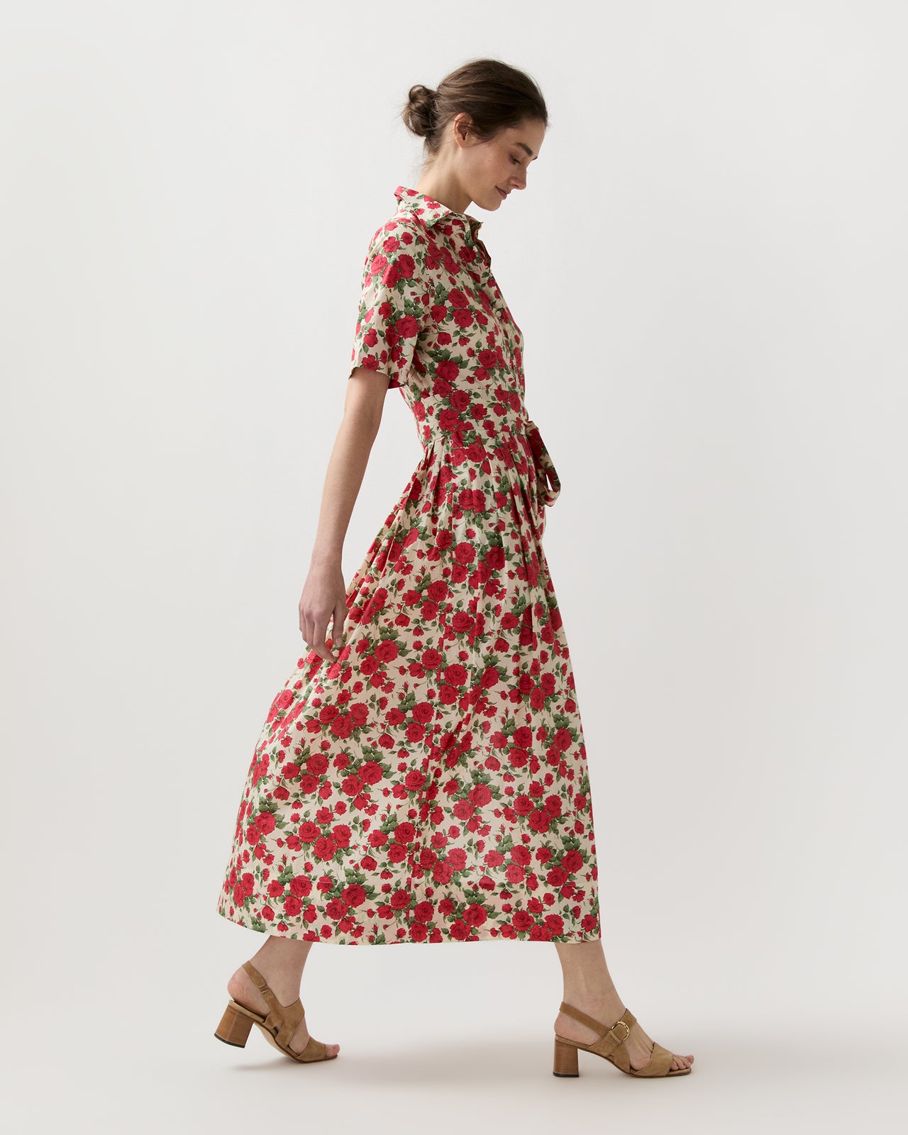 Short-Sleeved Classic Shirtwaist Maxi Dress in Red Carline Rose Liberty Fabric
