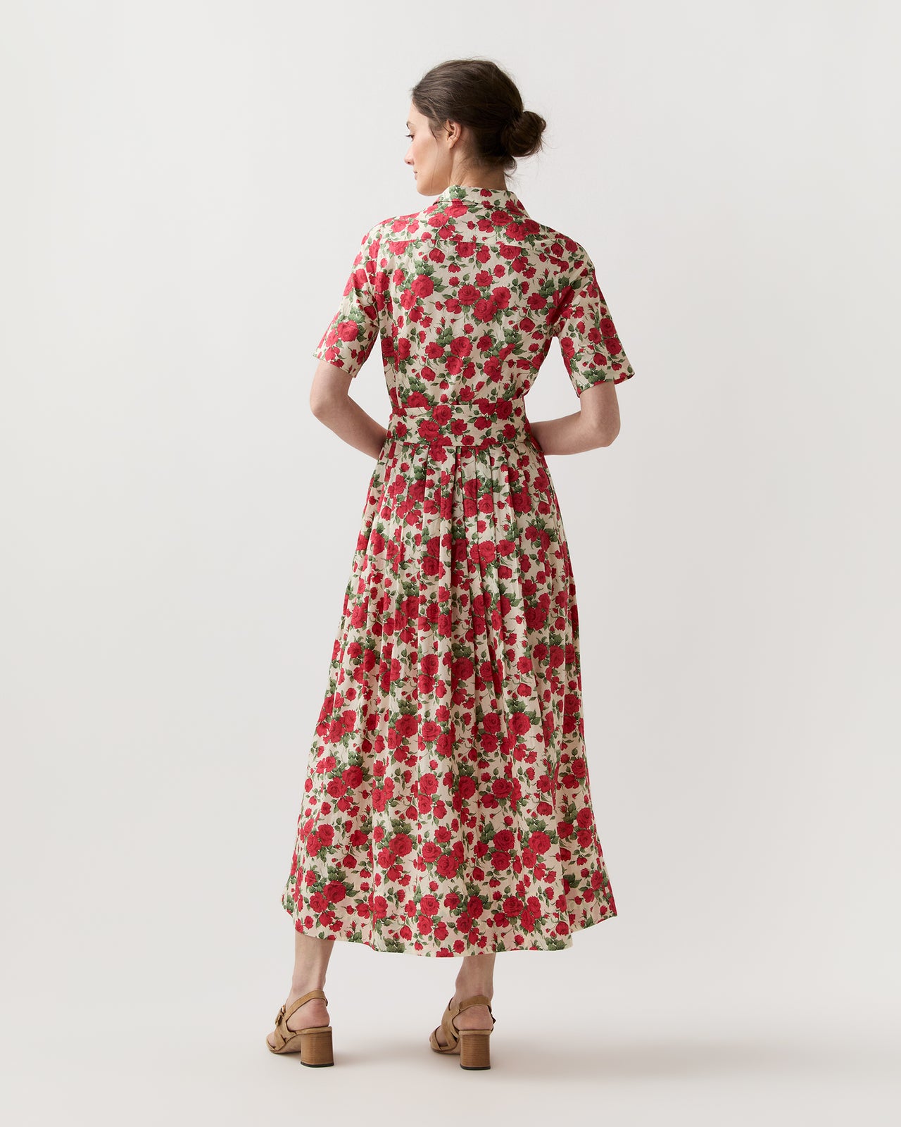 Short-Sleeved Classic Shirtwaist Maxi Dress in Red Carline Rose Liberty Fabric