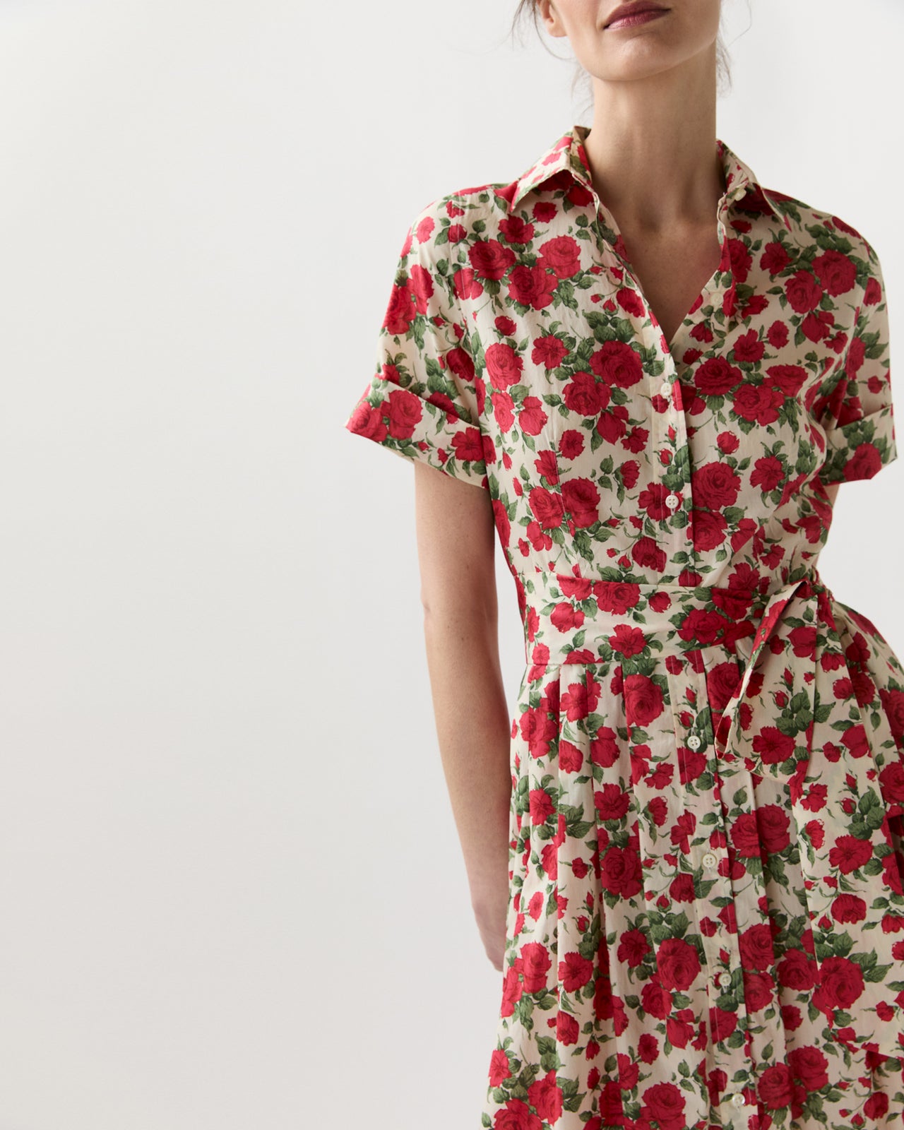 Short-Sleeved Classic Shirtwaist Maxi Dress in Red Carline Rose Liberty Fabric