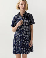Load image into Gallery viewer, Short-Sleeved Popover Dress in Navy Daisy Crinkle Cotton
