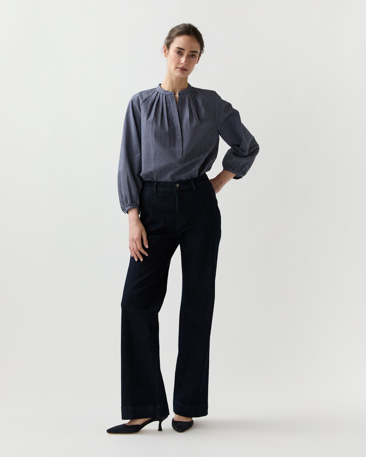 Sienna Top in Navy/Ivory Check Crinkle Cotton