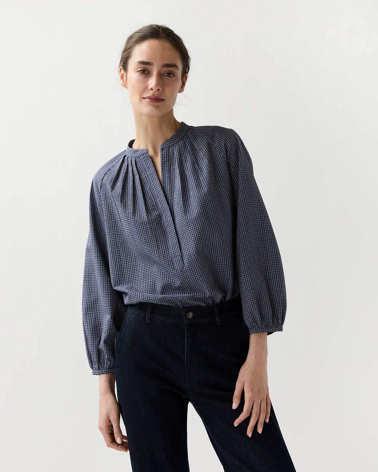 Sienna Top in Navy/Ivory Check Crinkle Cotton