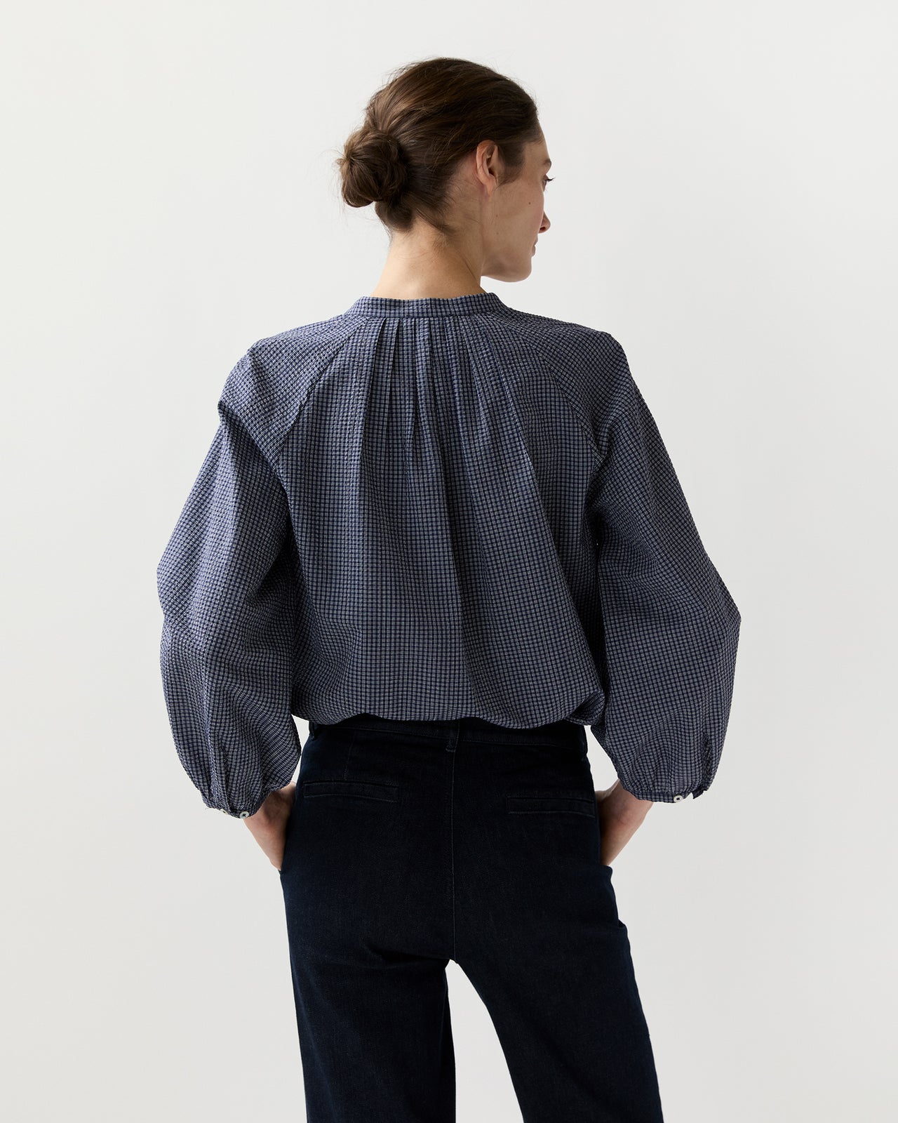 Sienna Top in Navy/Ivory Check Crinkle Cotton