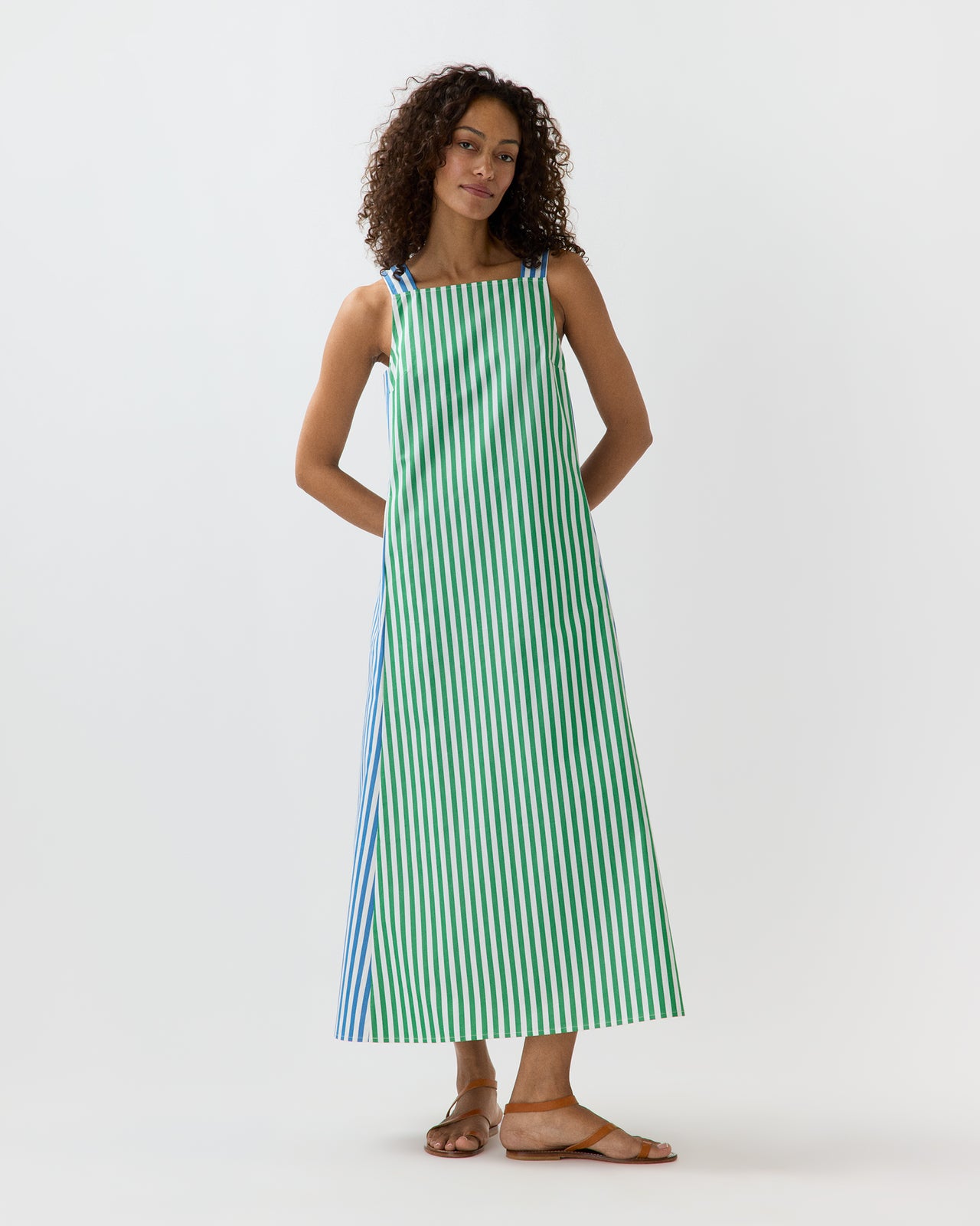 Lise Maxi Dress in Green/Blue/White Mixed Awning Stripe Poplin