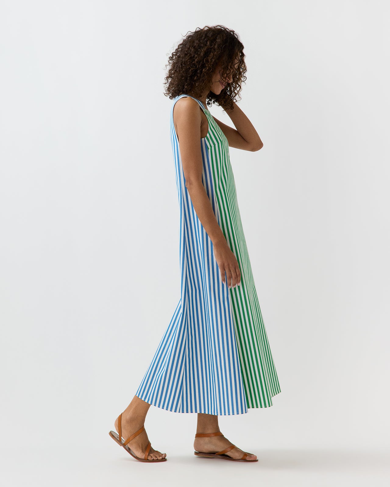 Lise Maxi Dress in Green/Blue/White Mixed Awning Stripe Poplin
