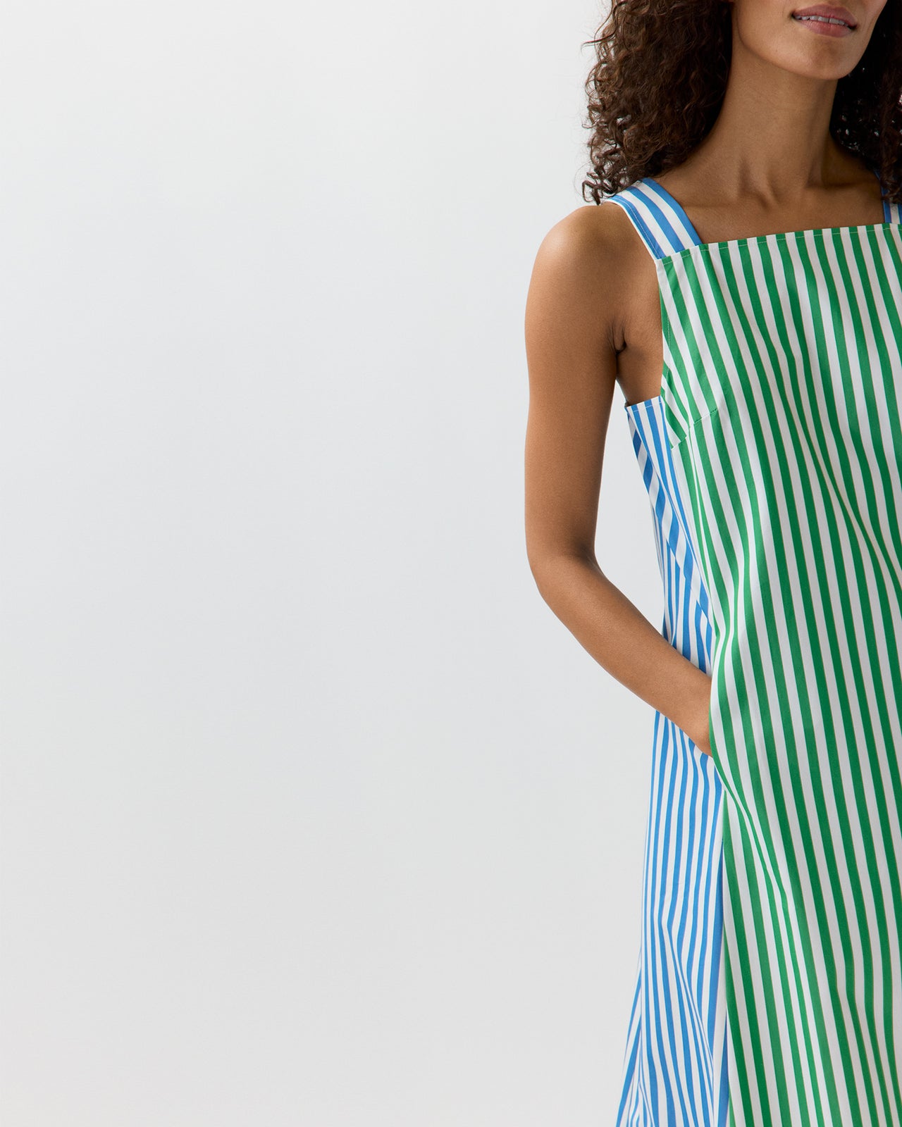 Lise Maxi Dress in Green/Blue/White Mixed Awning Stripe Poplin