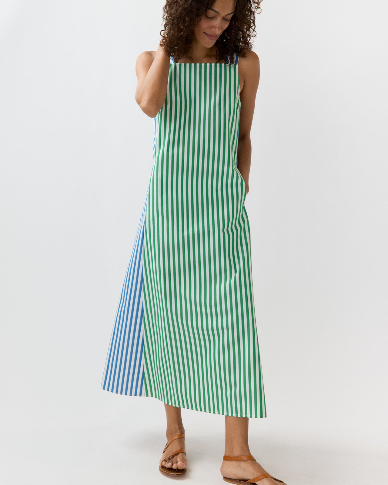 Lise Maxi Dress in Green/Blue/White Mixed Awning Stripe Poplin
