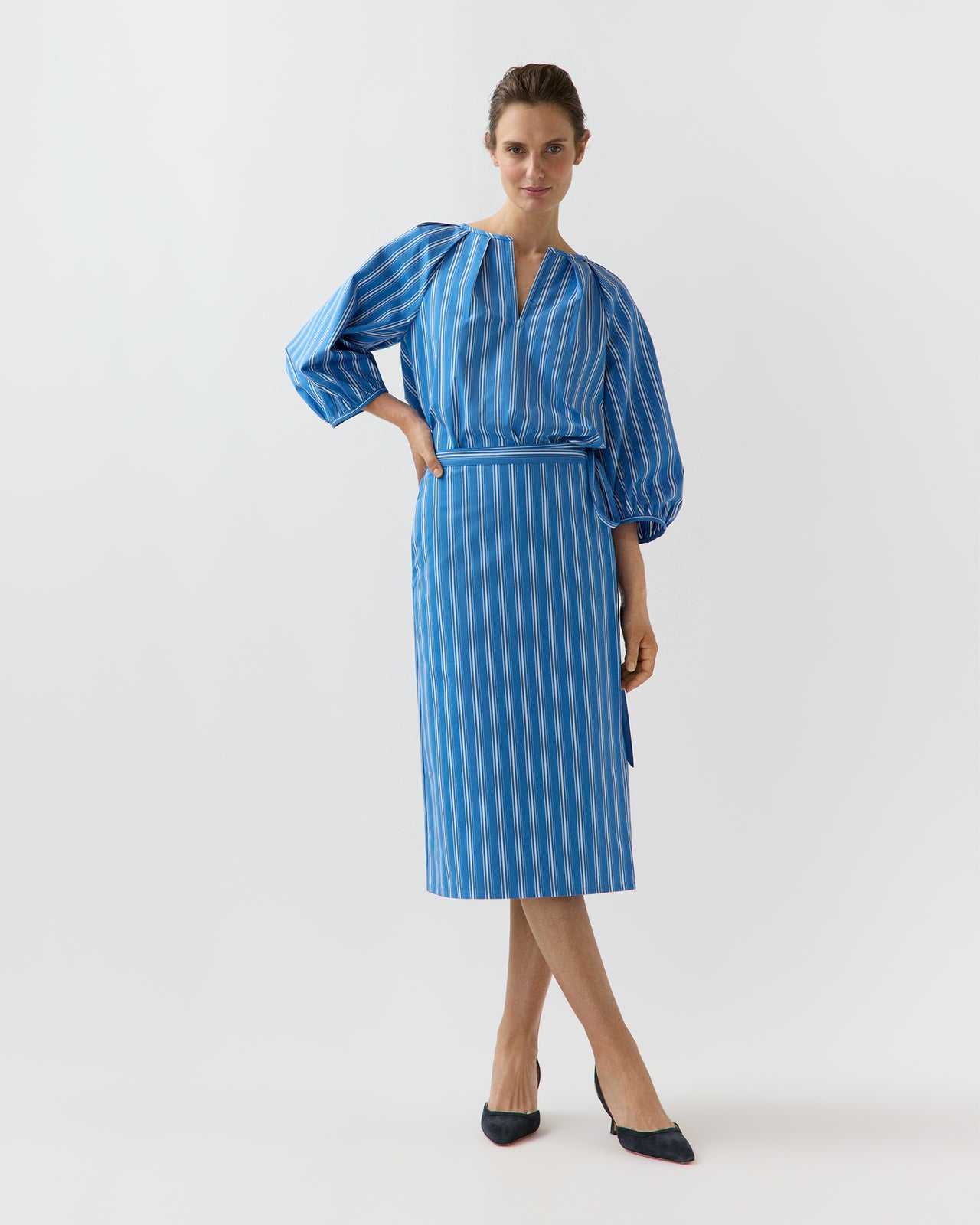 Morgan Skirt in Blue/White Variegated Stripe Poplin