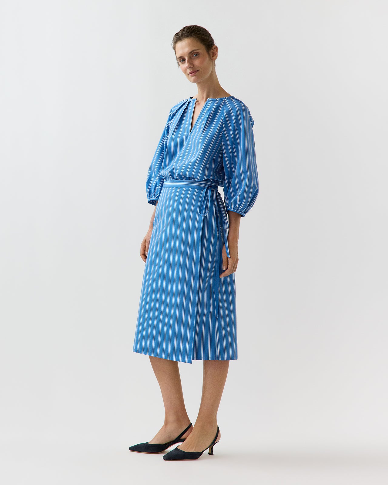 Morgan Skirt in Blue/White Variegated Stripe Poplin