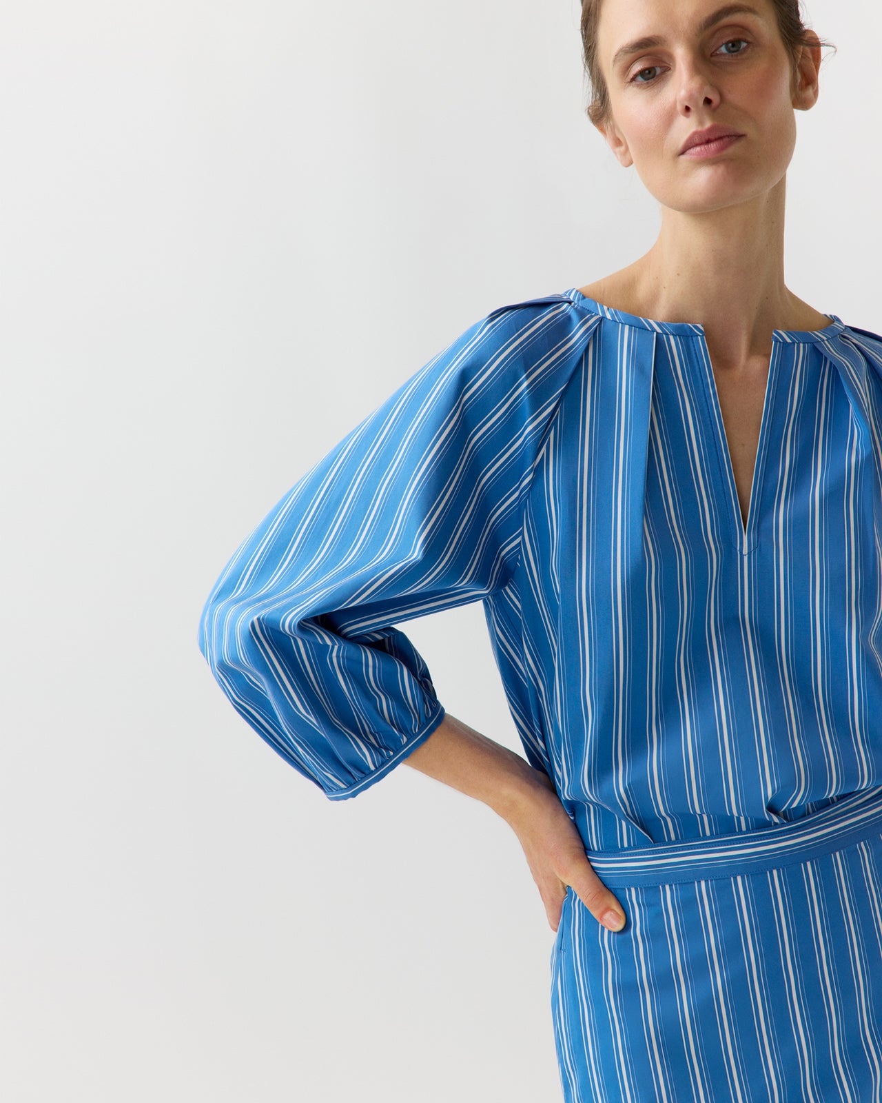 Victoria Blouse in Blue/White Variegated Stripe Poplin