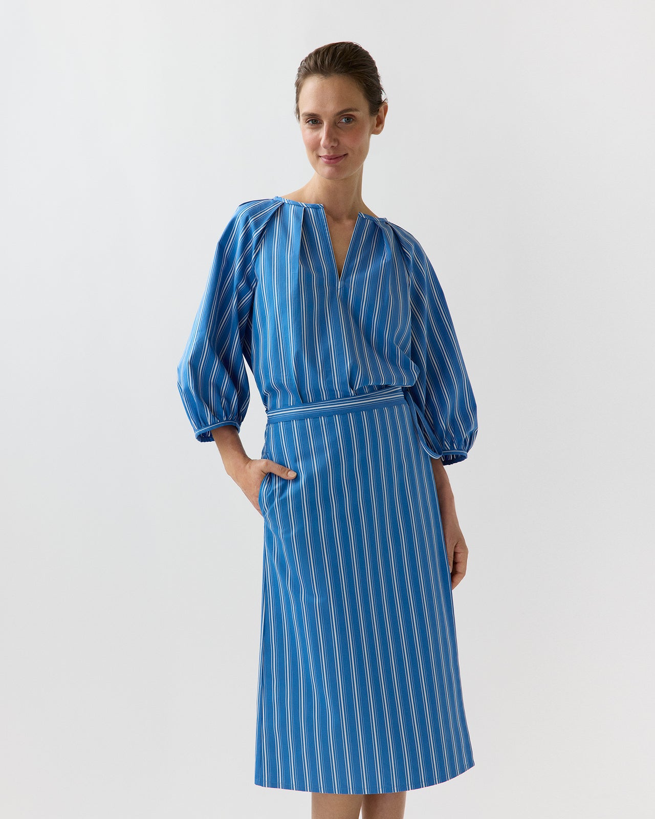 Victoria Blouse in Blue/White Variegated Stripe Poplin