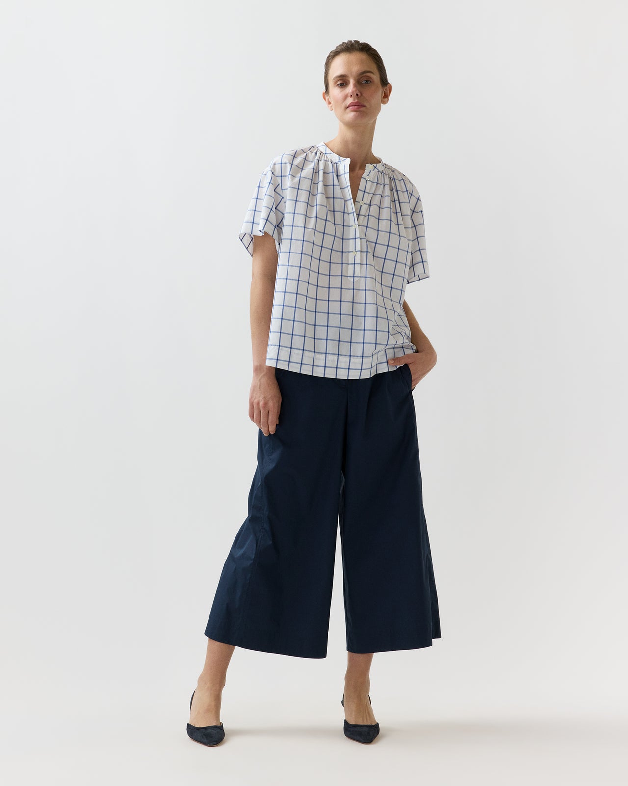 Estee Top in White/Blue Windowpane Poplin