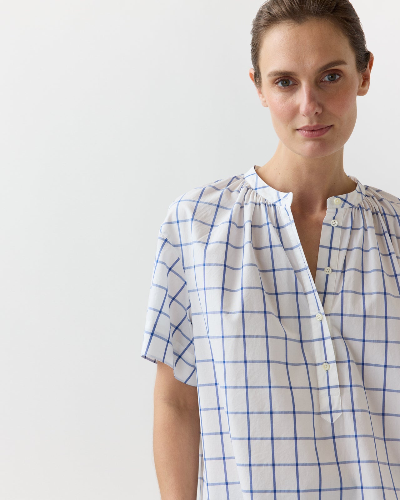 Estee Top in White/Blue Windowpane Poplin