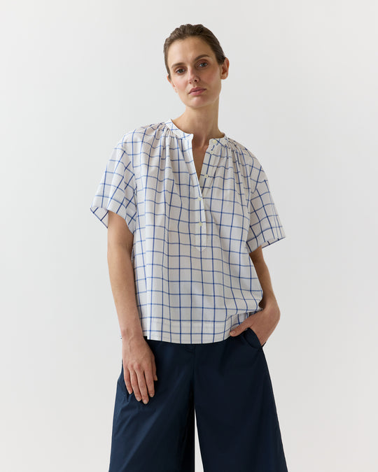 Estee Top in White/Blue Windowpane Poplin