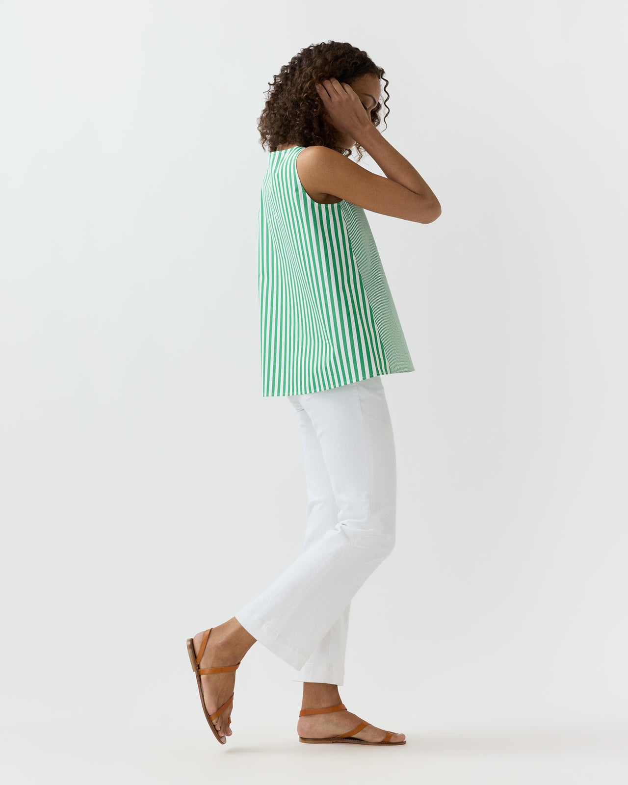 Bell Top in Green/White Mixed Stripe Poplin