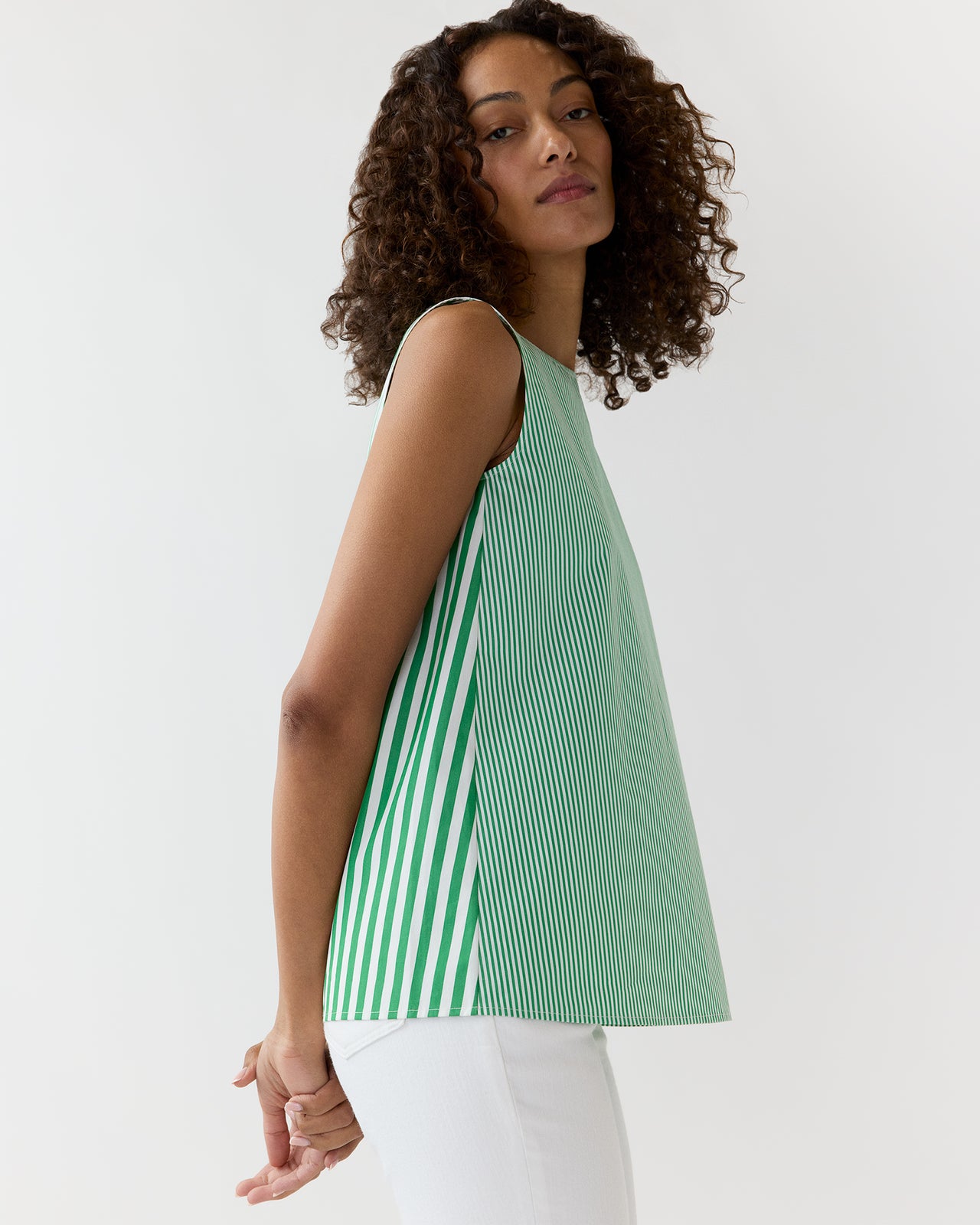 Bell Top in Green/White Mixed Stripe Poplin