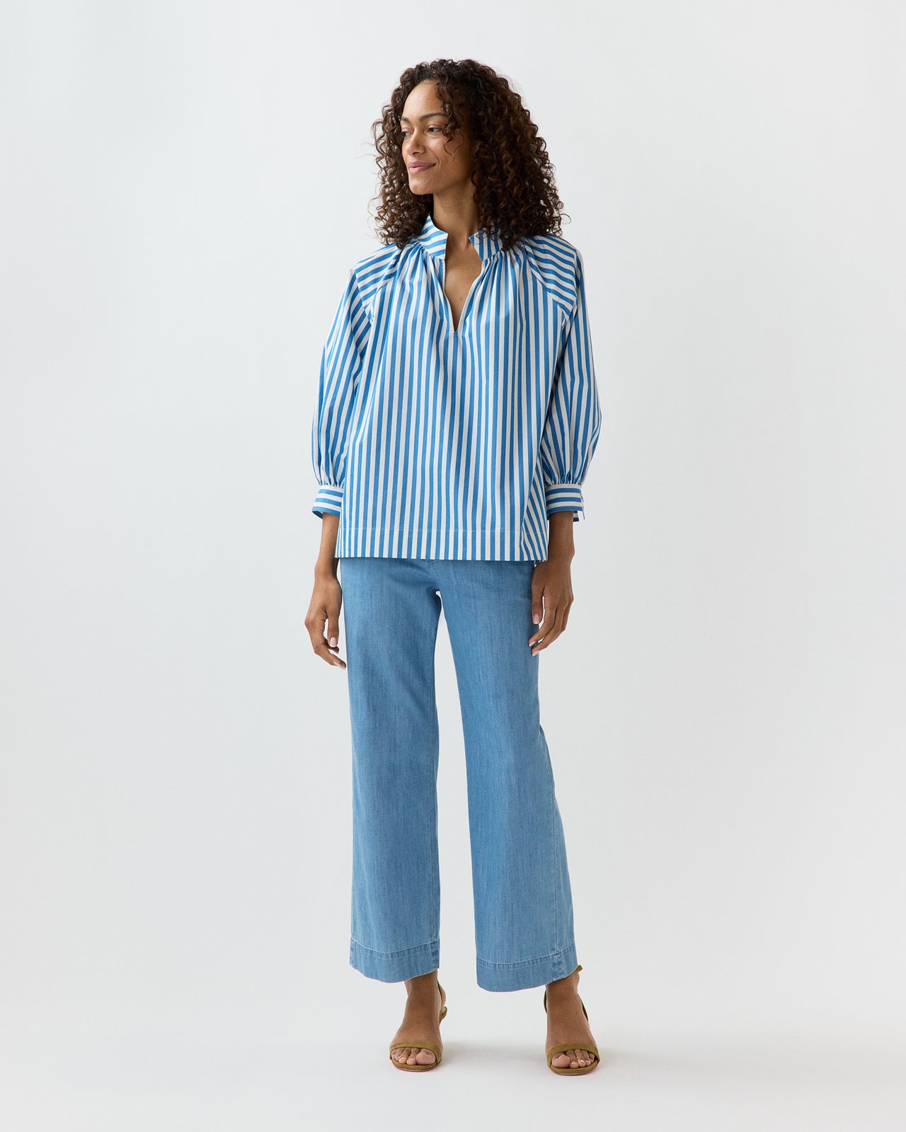 Liya Top in Blue/White Awning Stripe Poplin