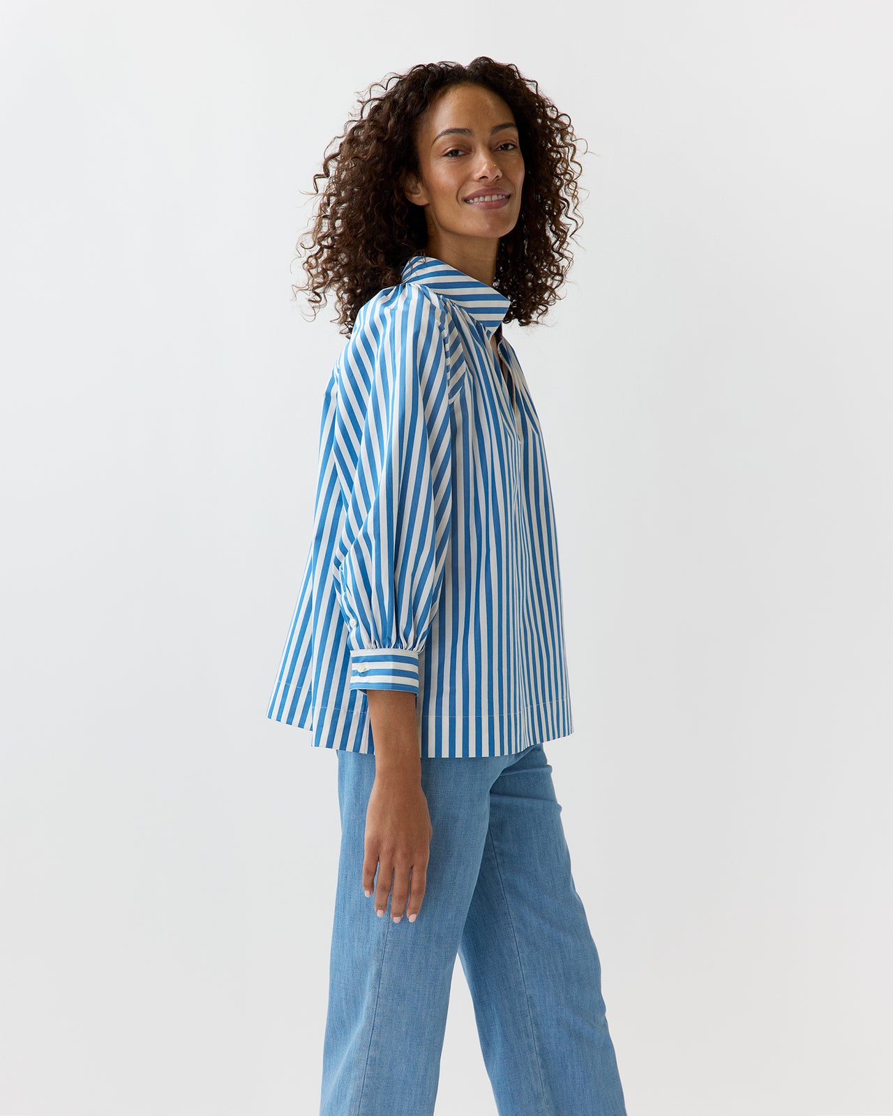 Liya Top in Blue/White Awning Stripe Poplin