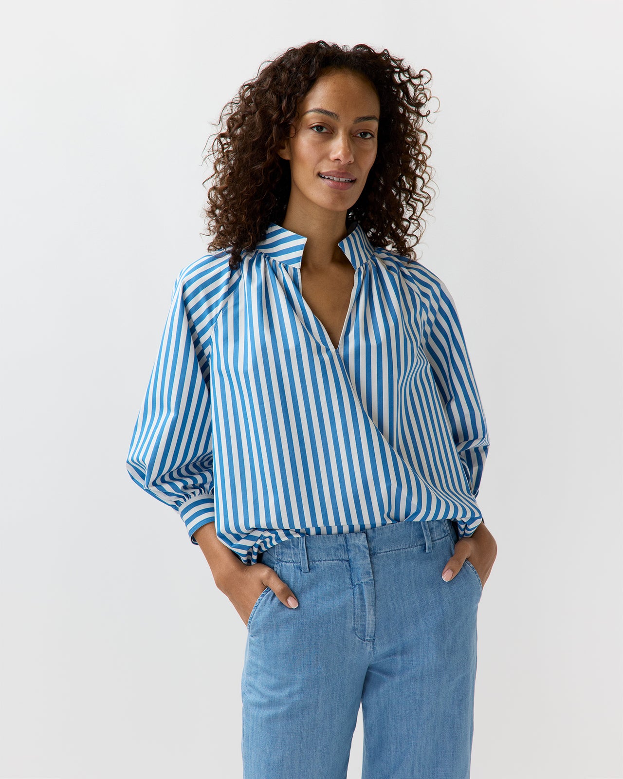 Liya Top in Blue/White Awning Stripe Poplin