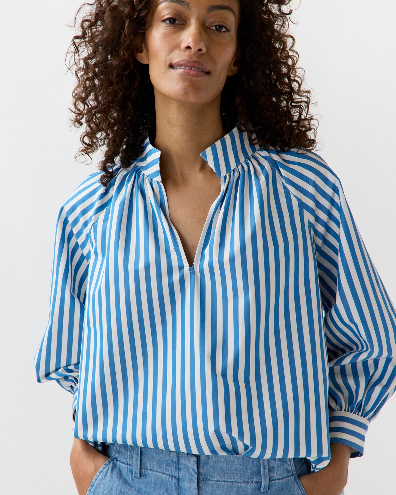 Liya Top in Blue/White Awning Stripe Poplin