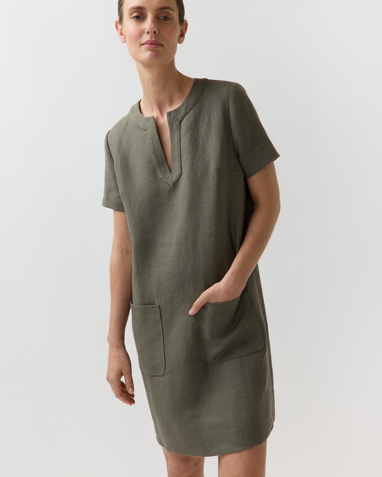 Marta Dress in Olive Linen Hopsack