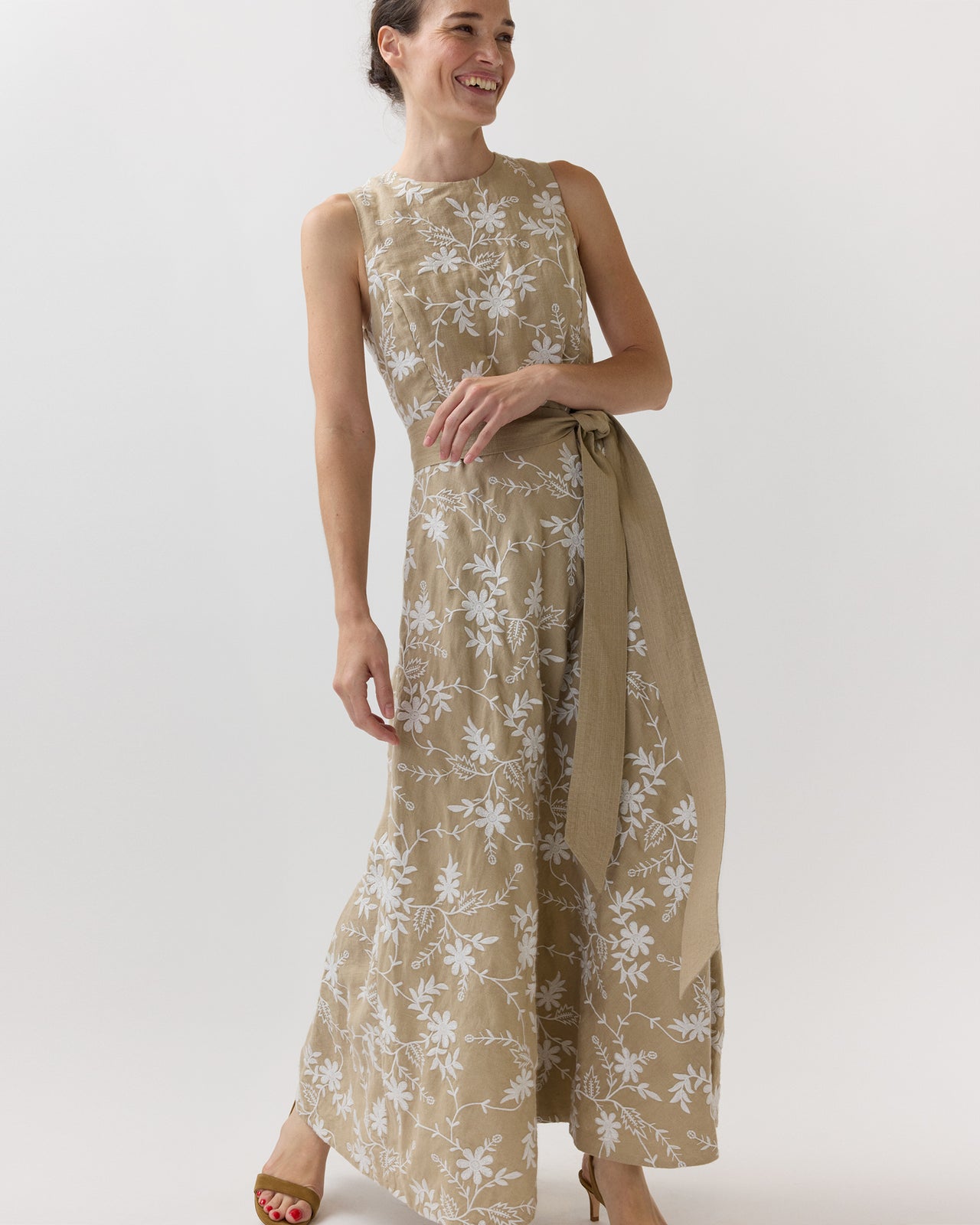 Rosalie Dress in Oatmeal Embroidered Linen