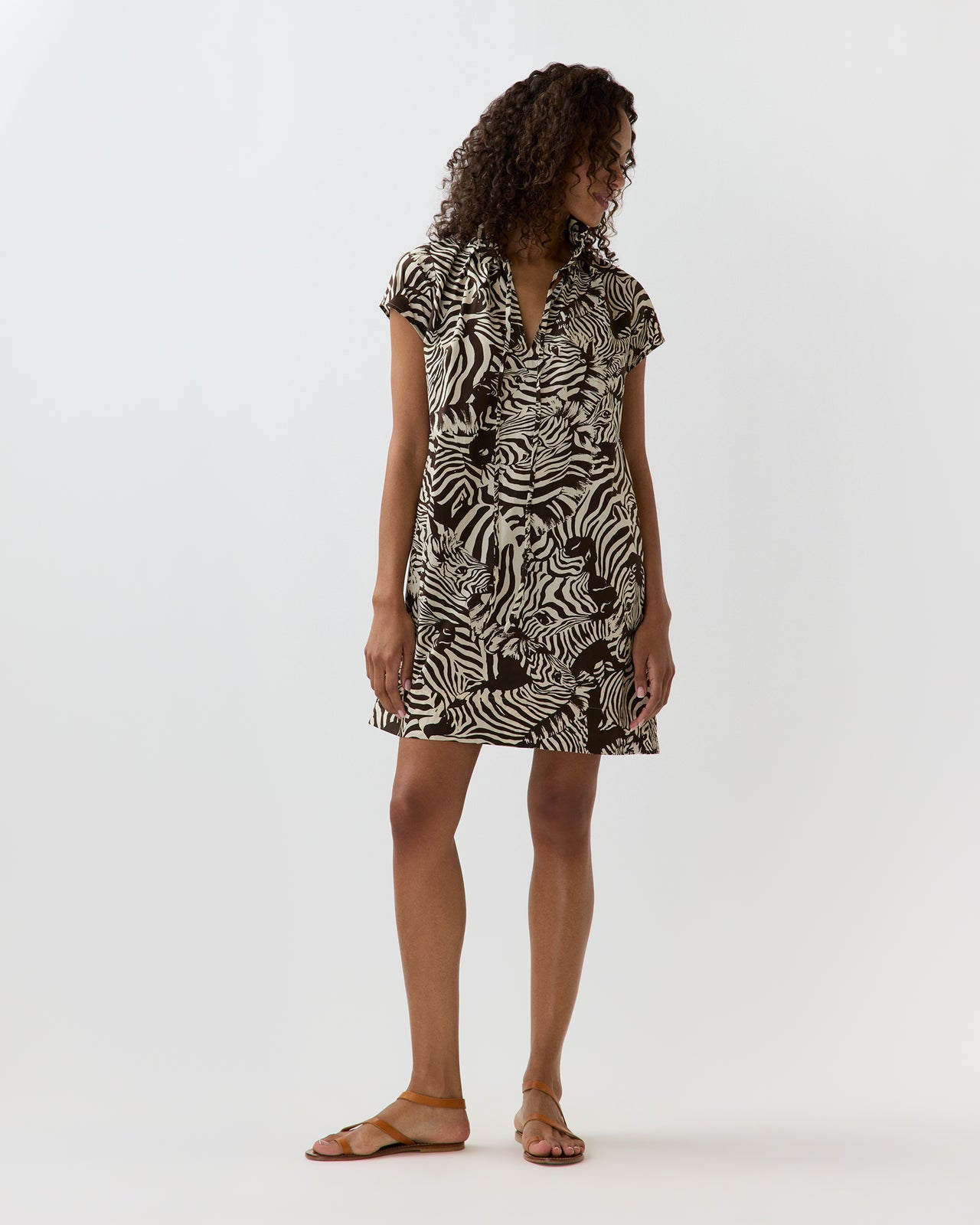 Atelier Ruffle Dress in Brown/Cream Zebra Poplin