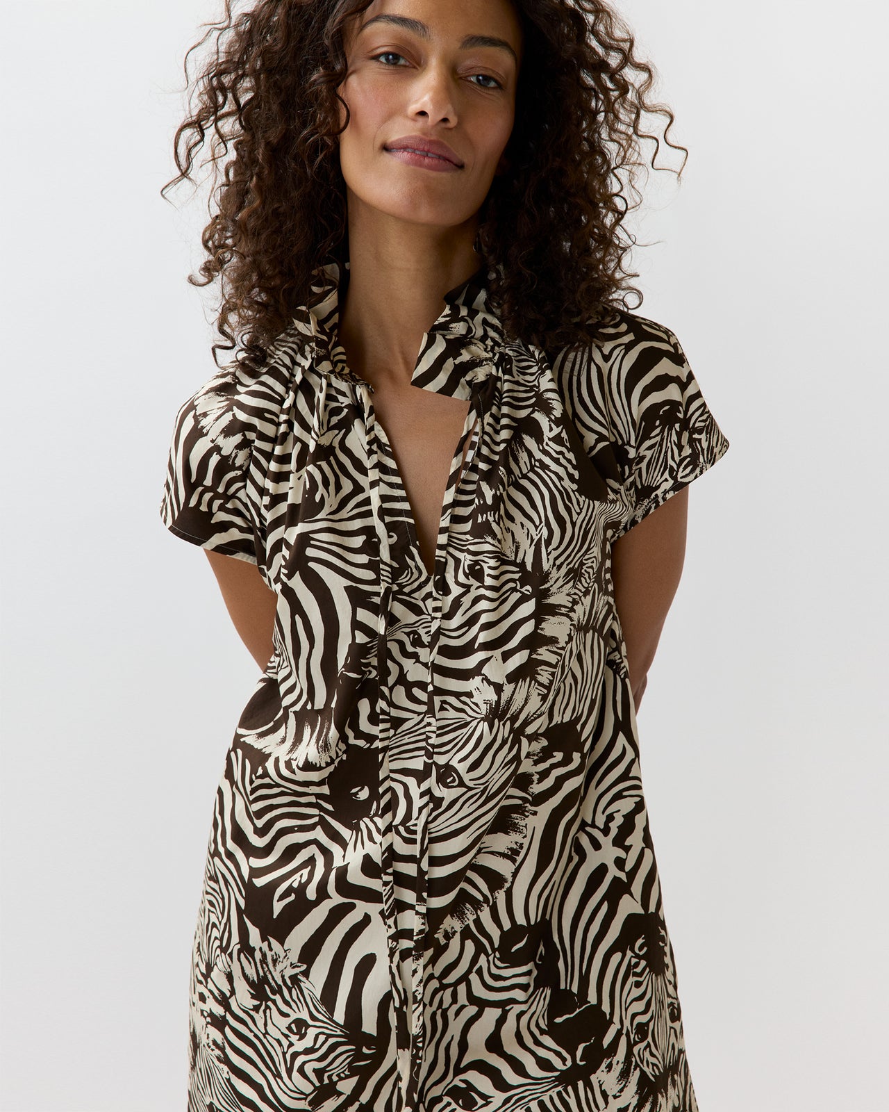 Atelier Ruffle Dress in Brown/Cream Zebra Poplin