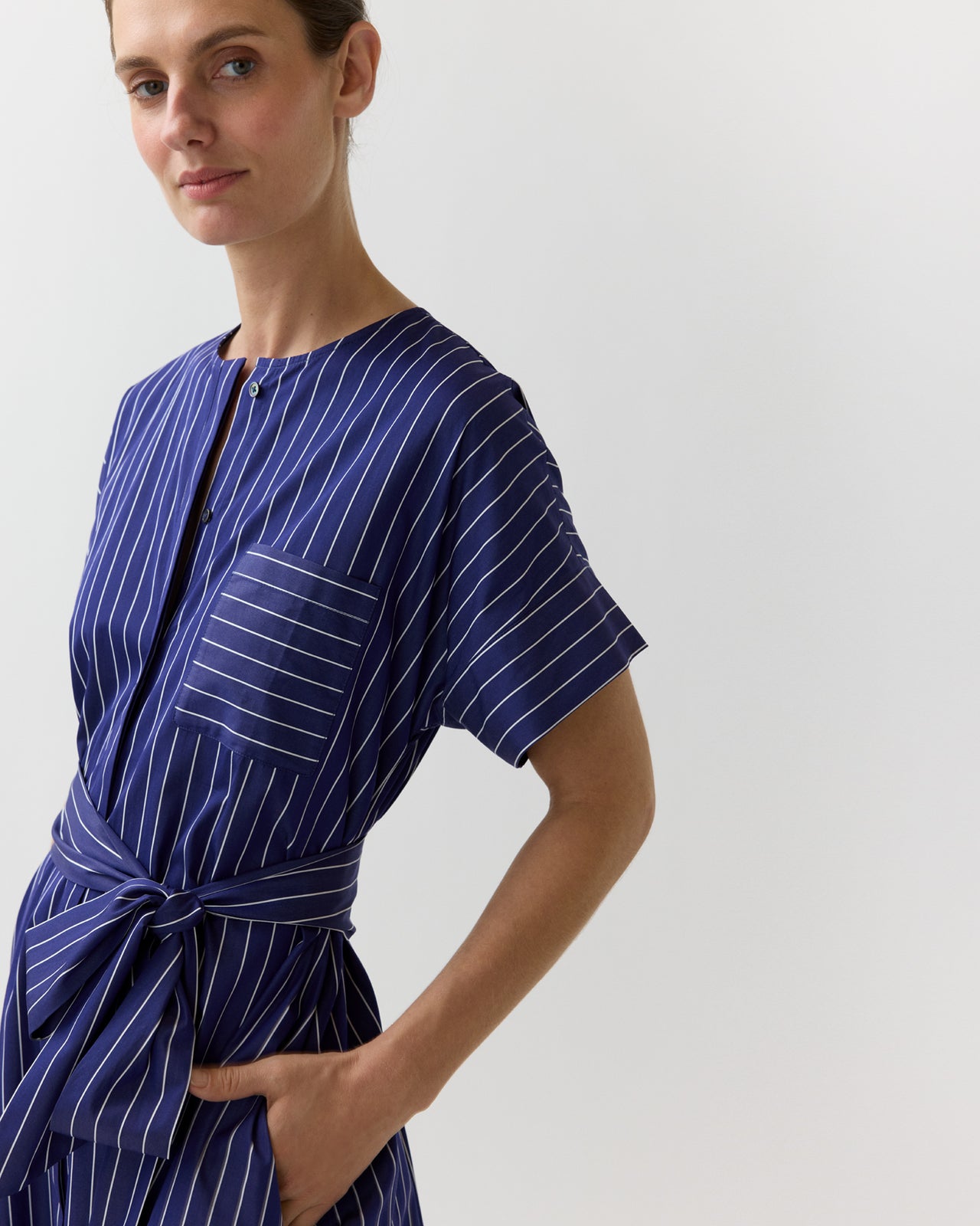 Romy Shirtdress in Navy/White Chalk Stripe Poplin