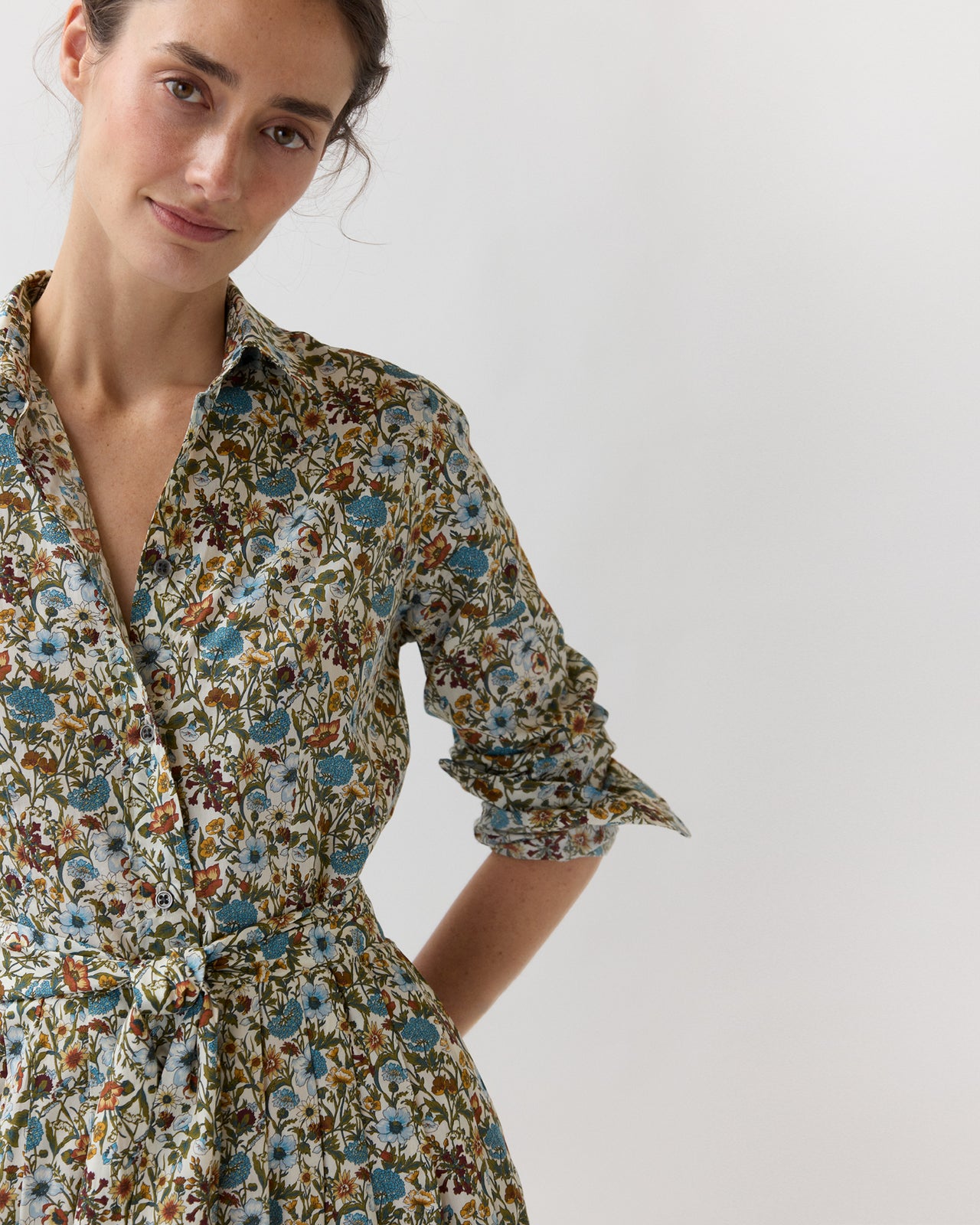 Classic Shirtwaist Maxi Dress in Moss/Cerulean Rachel Liberty Fabric
