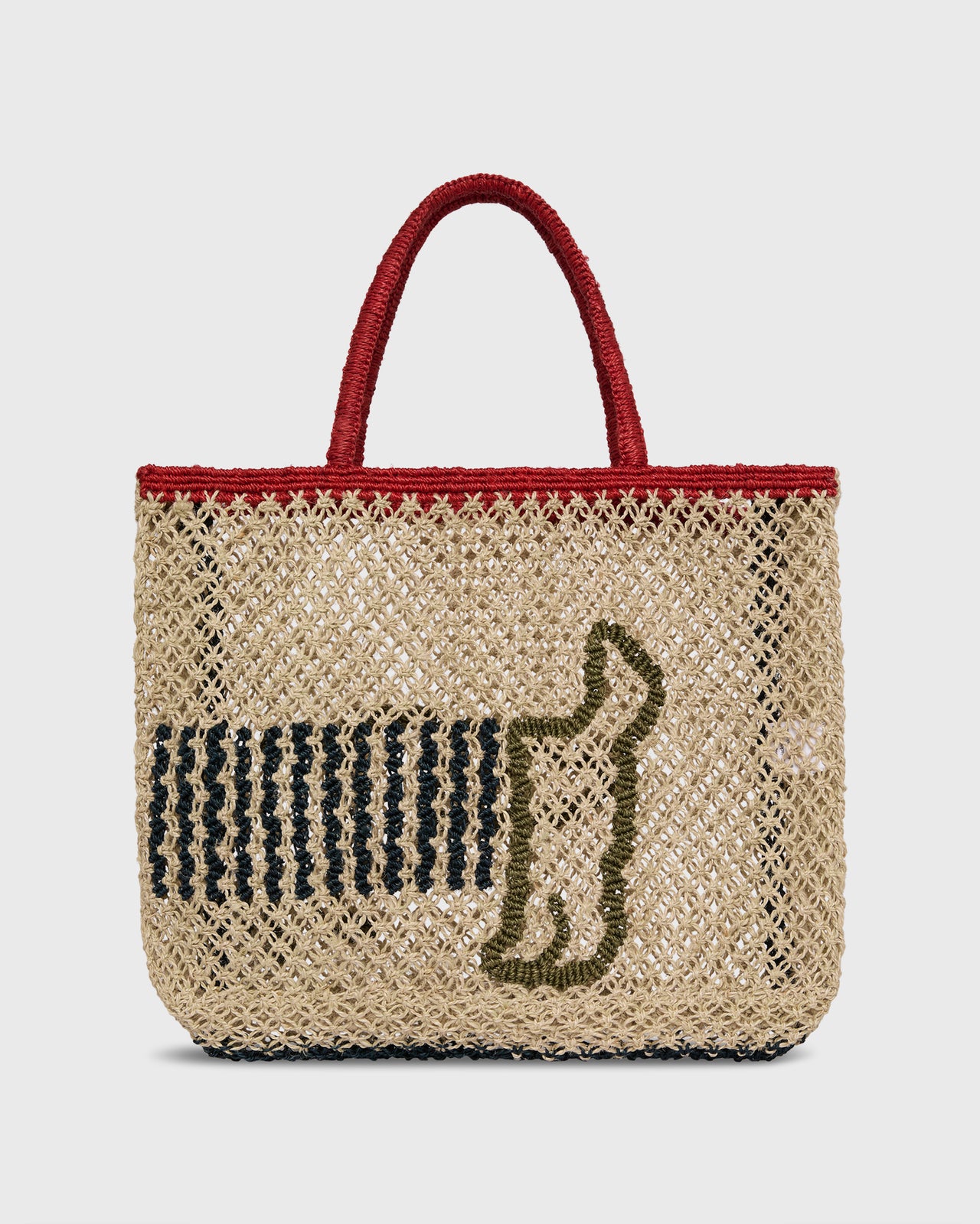 Small Breton Dog Tote in Natural/Olive/Dark Navy/Scarlet