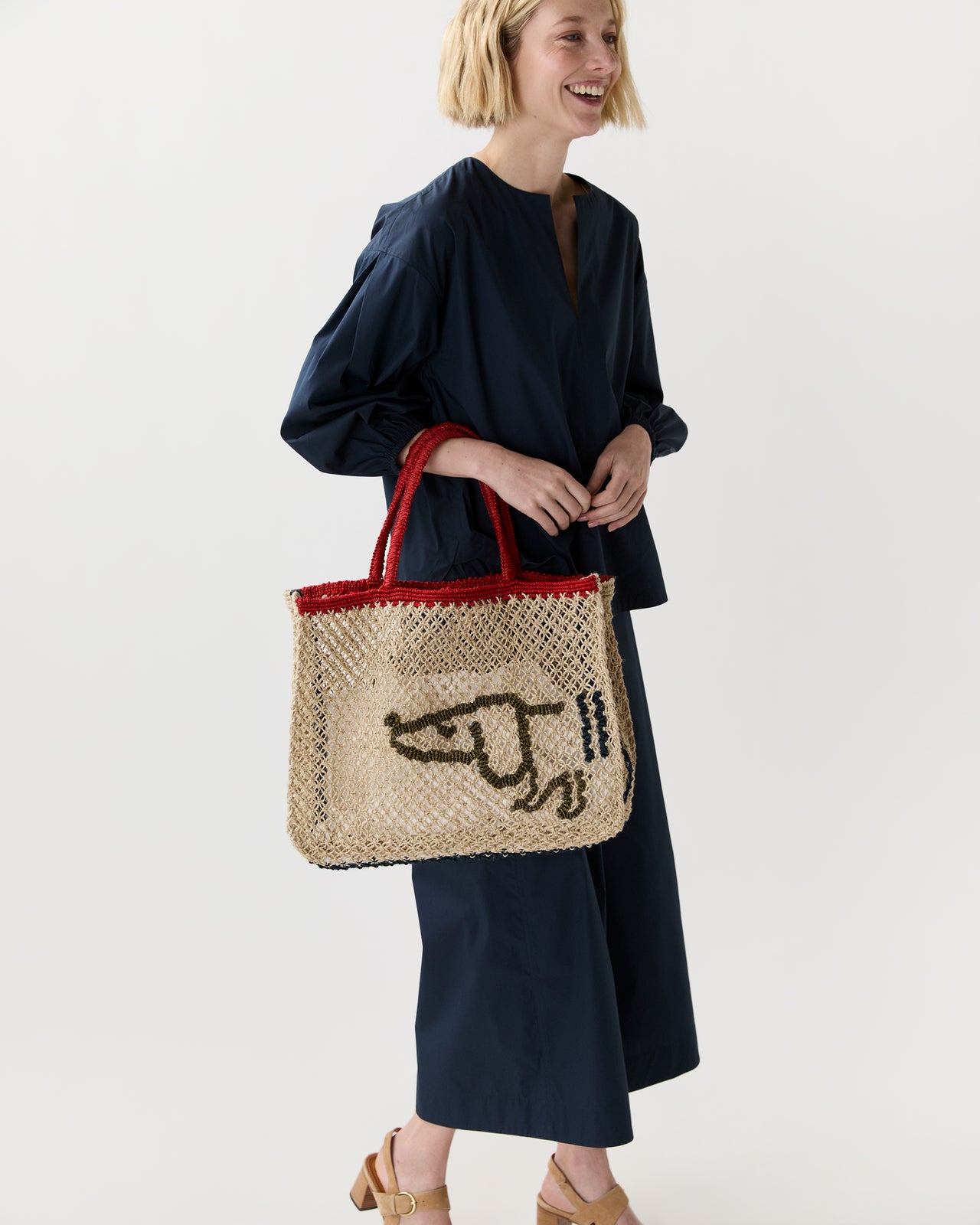 Small Breton Dog Tote in Natural/Olive/Dark Navy/Scarlet