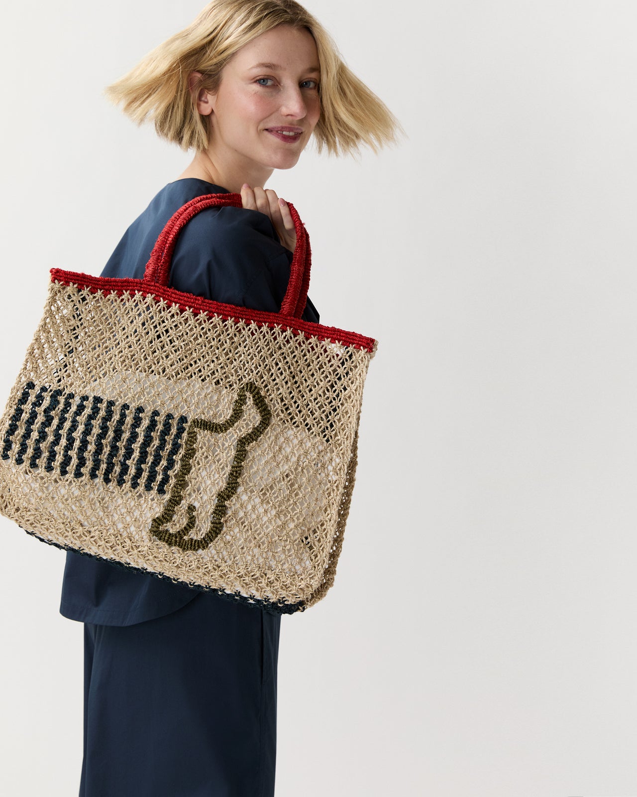 Small Breton Dog Tote in Natural/Olive/Dark Navy/Scarlet